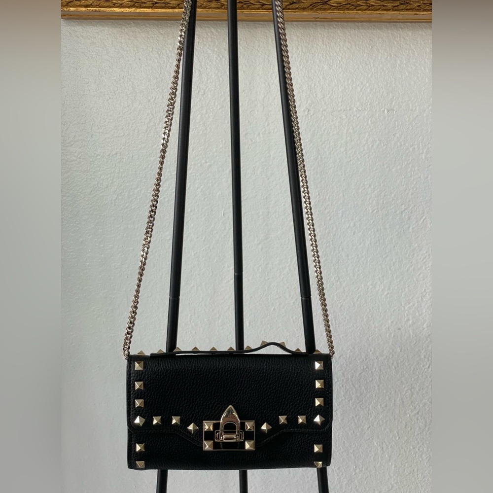 Authentic Pre-Owned , Velentino, Rockstud Black Calfskin Wallet with Chain Strap